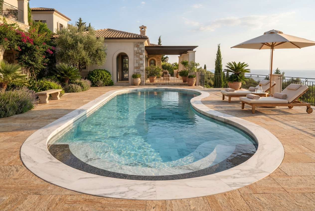 Luxury swimming pool edged with natural marble